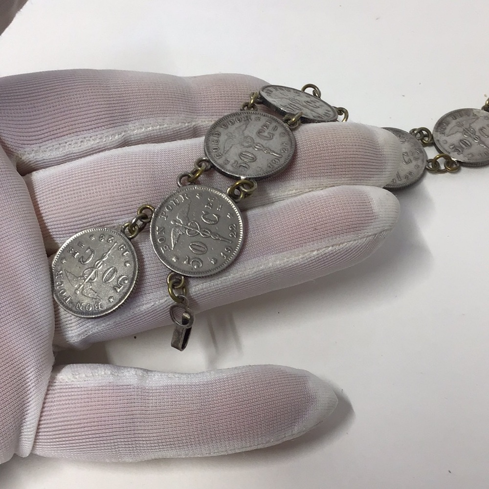 🔥SALE Vintage estate Coin Charm Bracelet 1920s Belgium coins silver 50cent